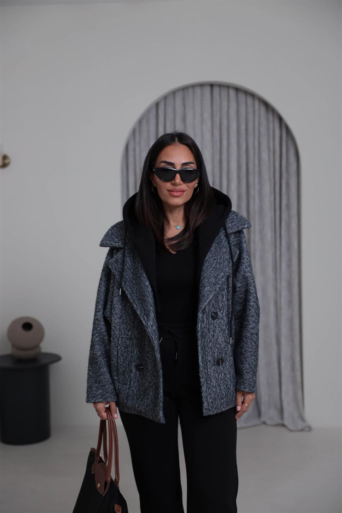 9690 Kapşon Detaylı Buklet Kaban GRİ-SİYAH