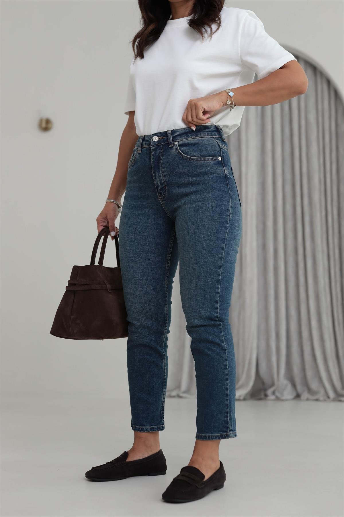 1419 ZA Likralı Mom Jean TİNTLİ MAVİ