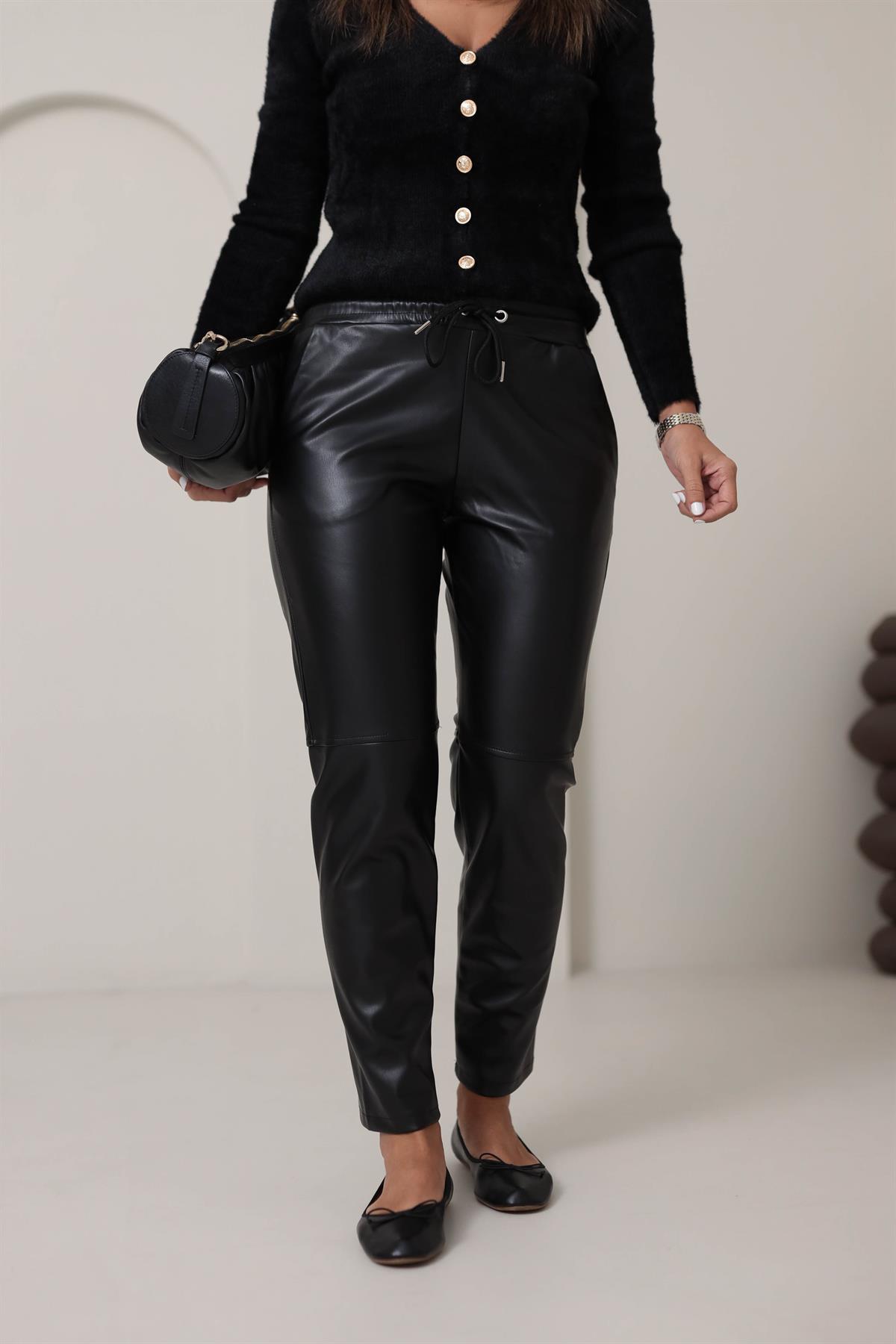 2022 Beli Lastikli Çimalı Deri Pantolon SİYAH