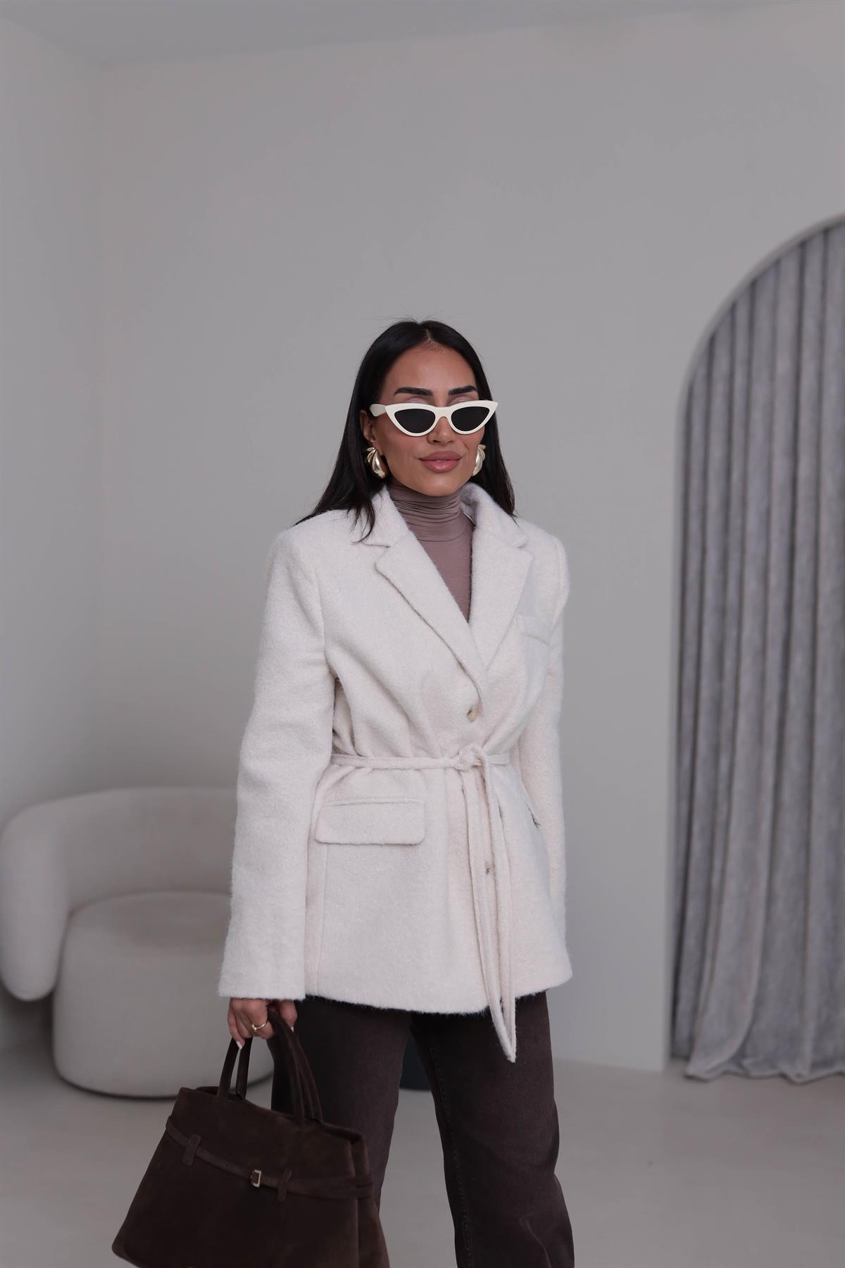 7368 Kuşak Detaylı Blazer Kaşe Ceket EKRU