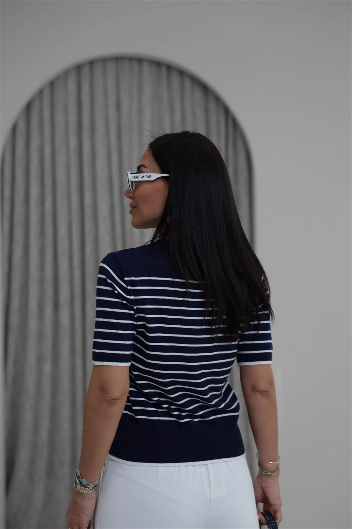 T-122 Çizgili Bisiklet Yaka Kısa Kol Triko Bluz LACİVERT