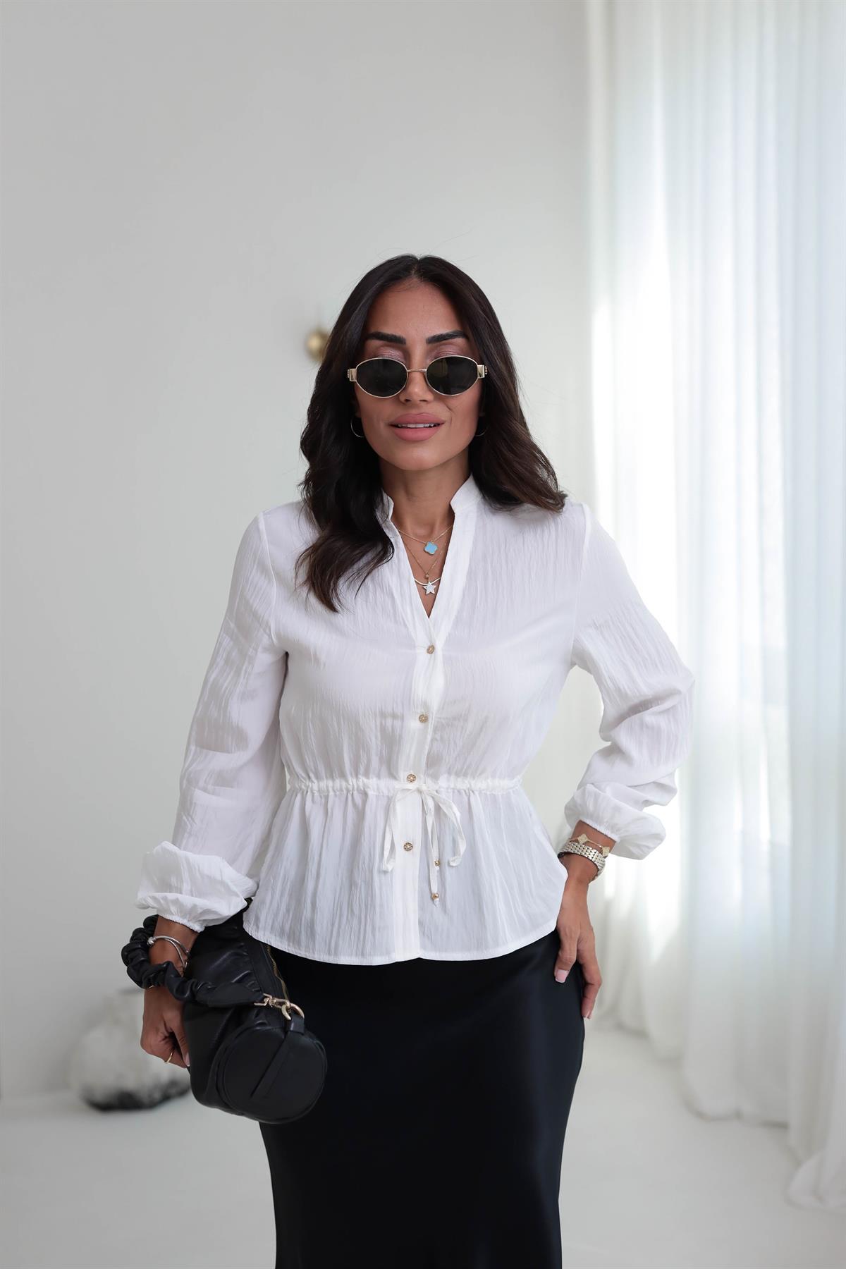 0979 Bel Büzgülü Kol Lastikli Gömlek BEYAZ