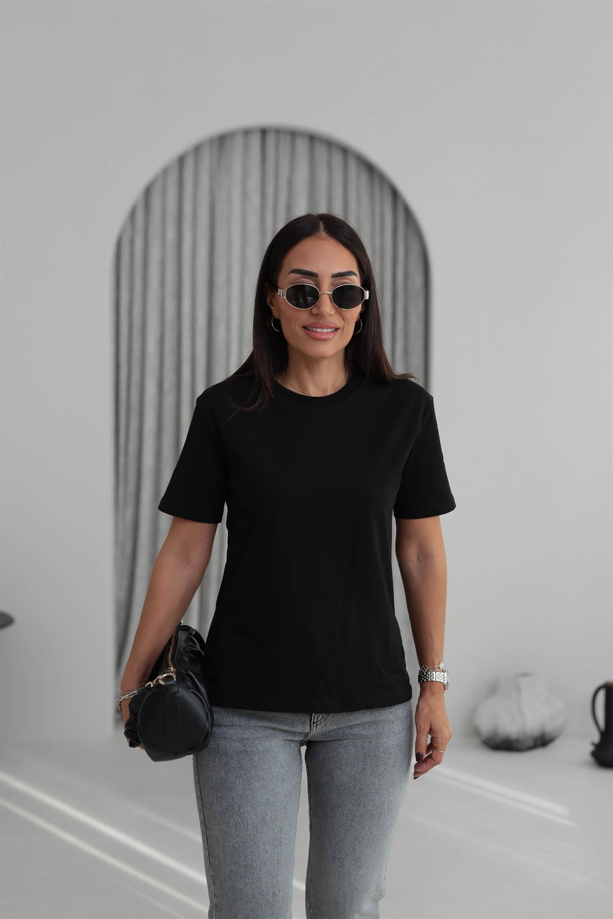 30312 Dekoratif Dikişli Bisiklet Yaka Tshirt SİYAH