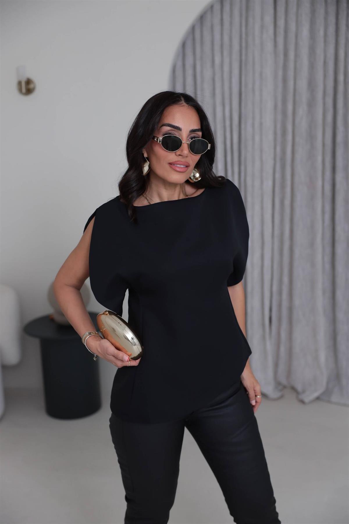 Balon Kol Asimetrik Bluz SİYAH