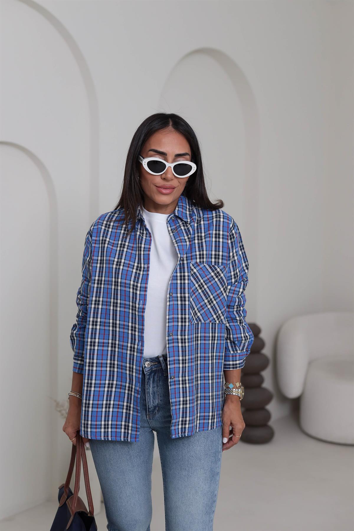 4691 Çizgili Ekose Koton Gömlek MAVİ