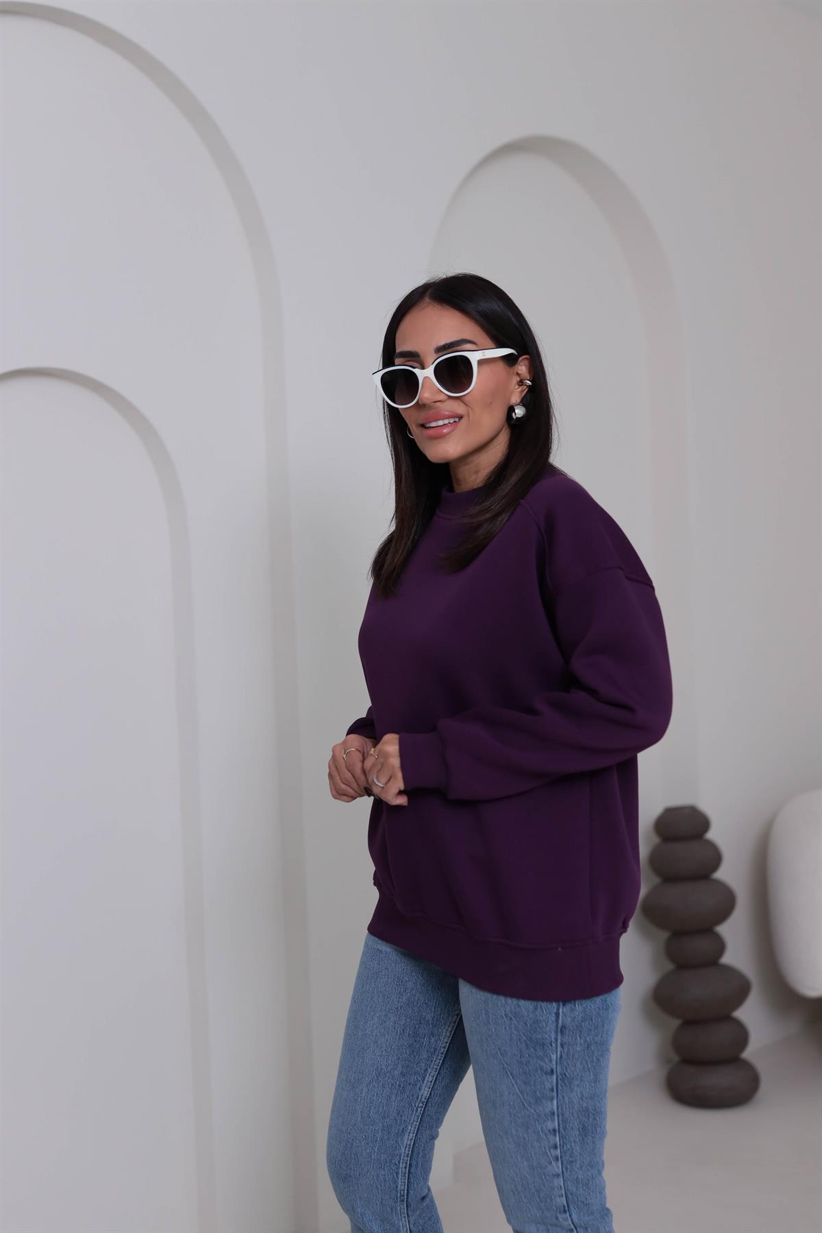7912 Bisiklet Yaka Şardonlu Sweatshirt MOR