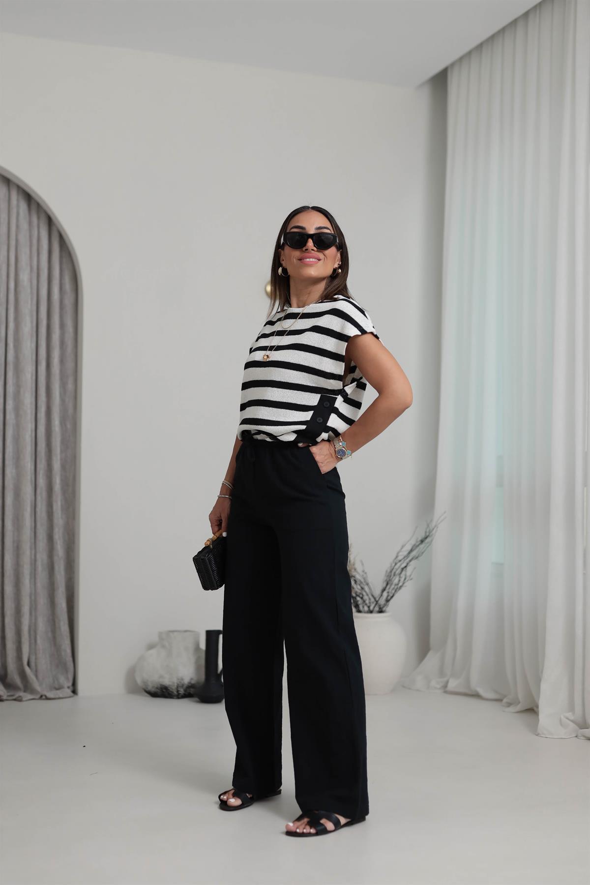 1646 Keten Kordonlu Pantolon SİYAH