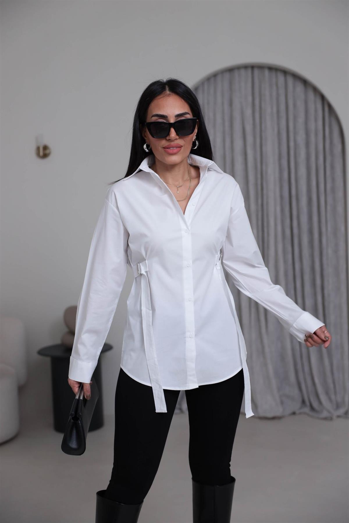 7176 Beli Kemer Detaylı Gömlek BEYAZ