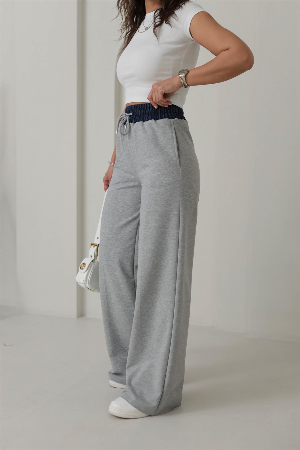 5727 Beli Kot Detaylı Eşofman Altı GRİ MELANJ