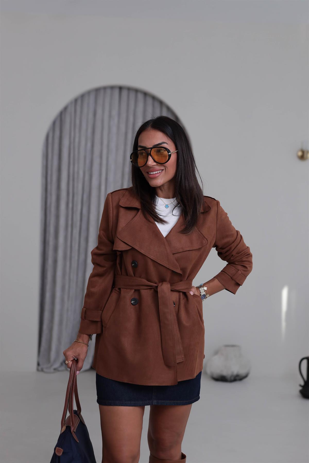 6266 Süet Bel Kuşaklı Midi Trençkot TARÇIN