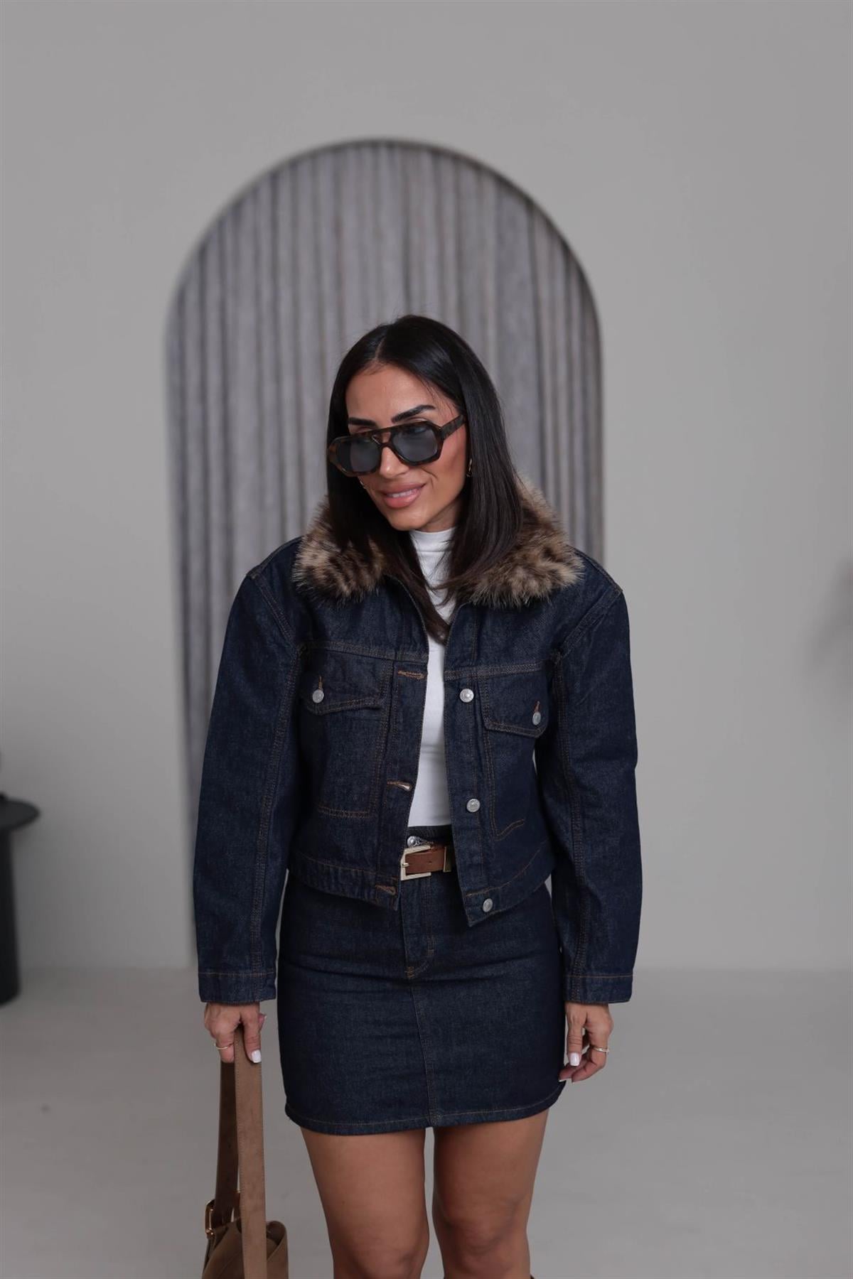 0621 Çıkarılabilir Kürk Yaka Jean Ceket LACİVERT