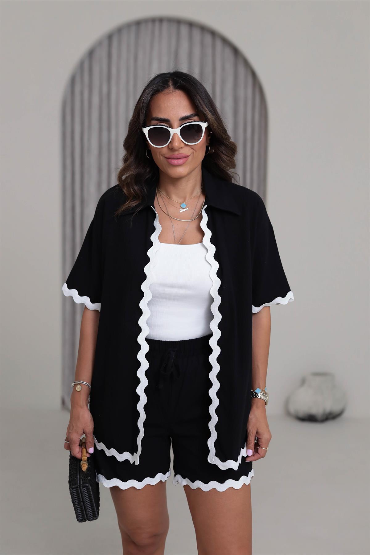 1182 Kontrast Dalga Nakışlı Keten Kimono Şort Takım SİYAH
