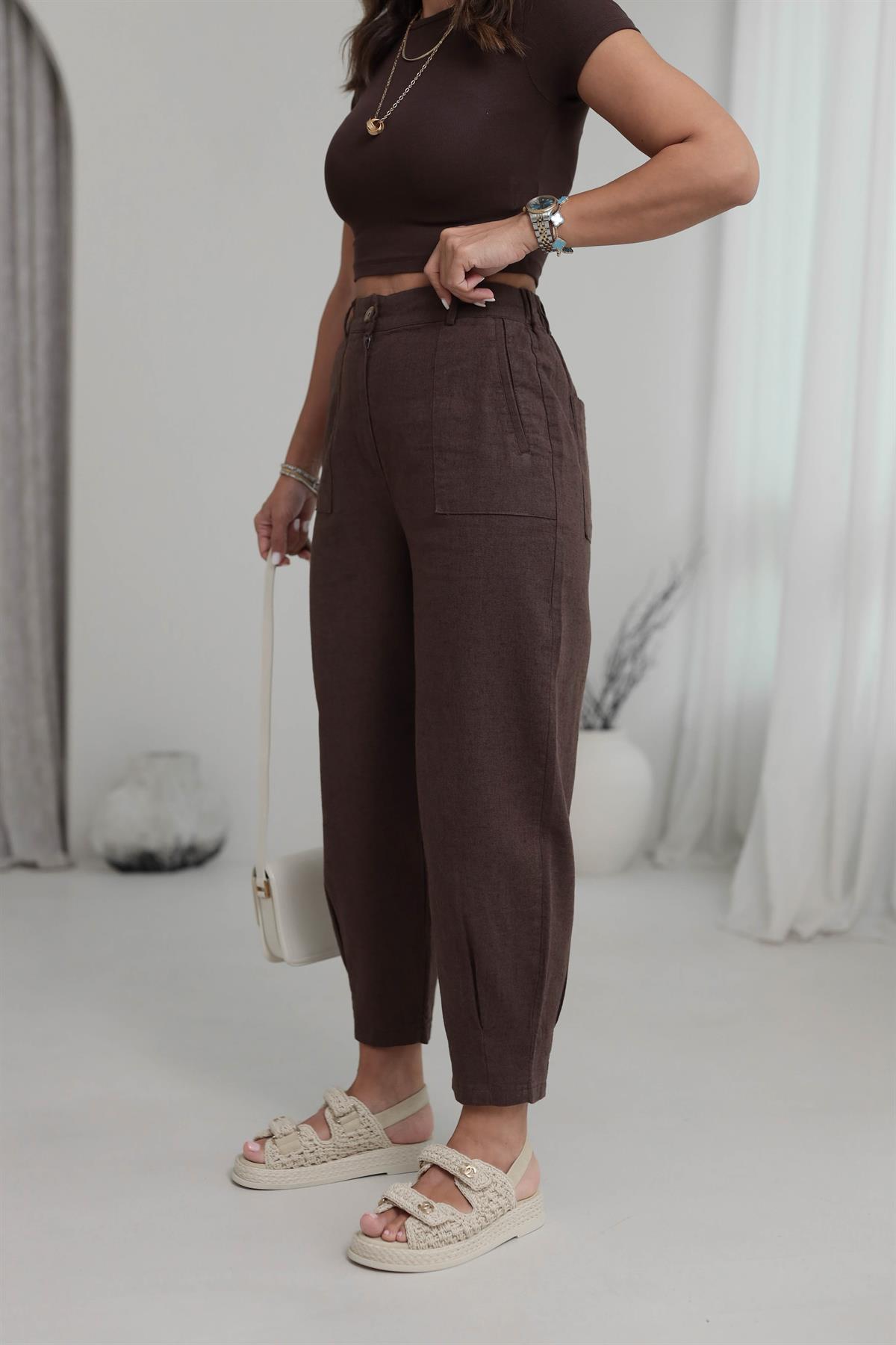 1711 Paçası Pensli Yan Cepli Keten Pantolon ACI KAHVE
