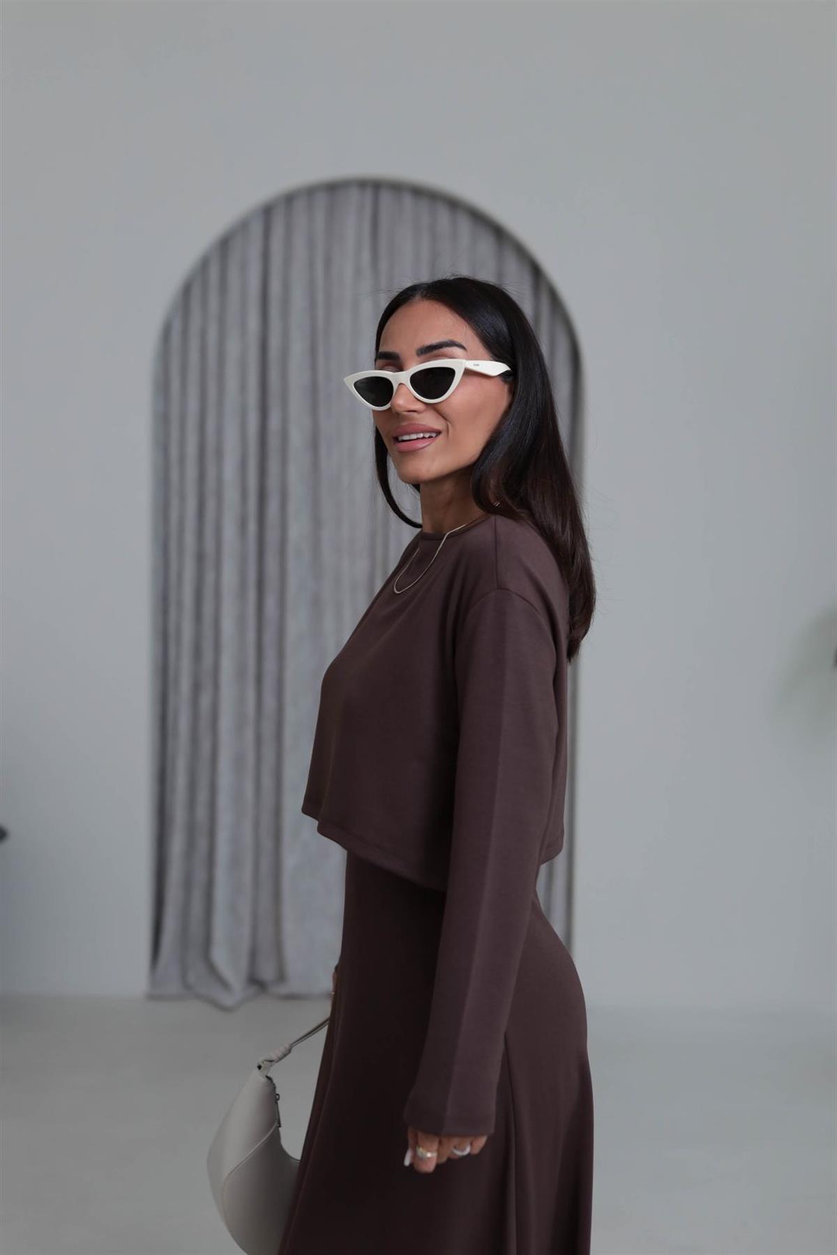 4064 Elbiseli Bluzlu Takım KAHVE