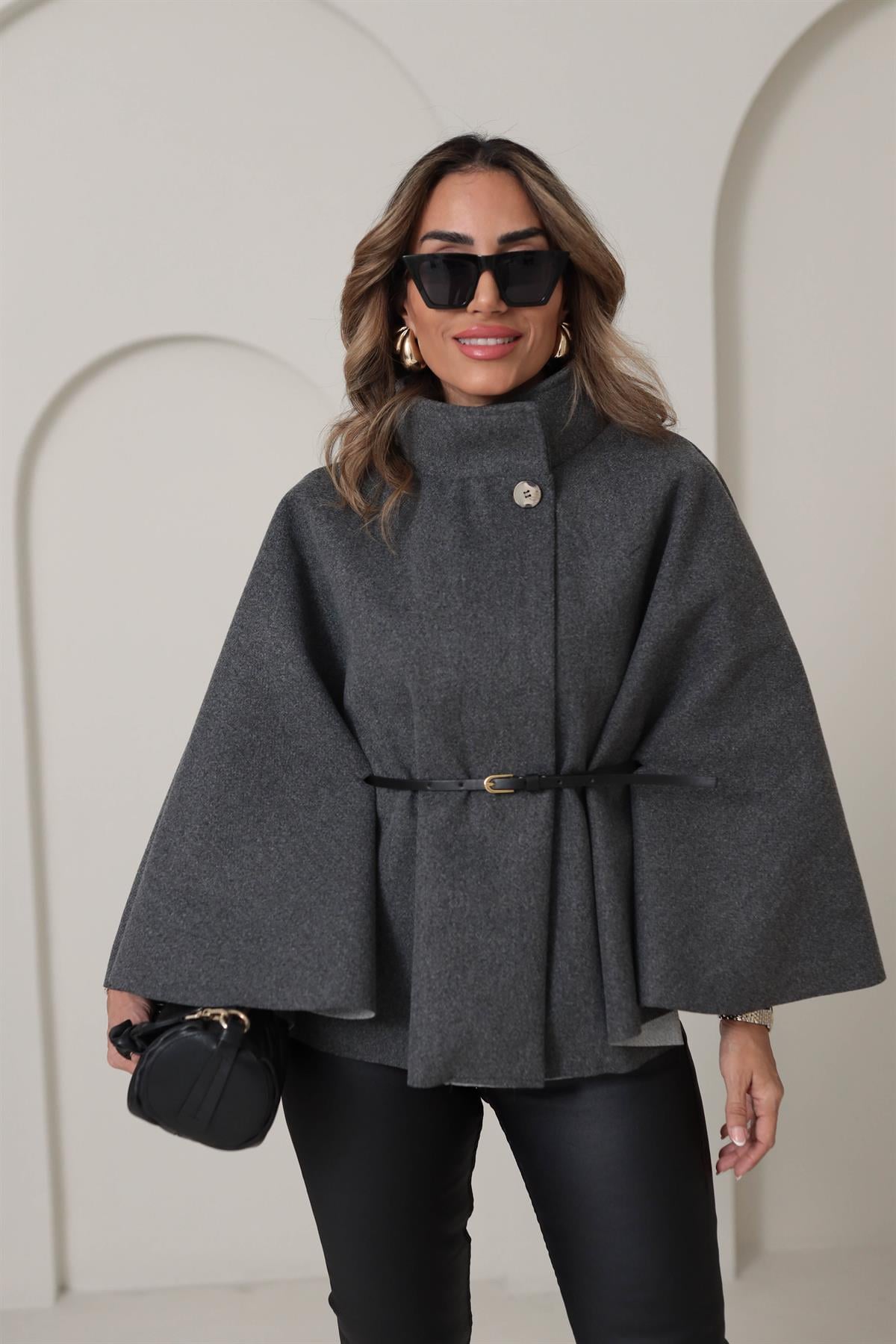 80167 Kemerli Dik Yaka Kaşe Panço ANTRASİT