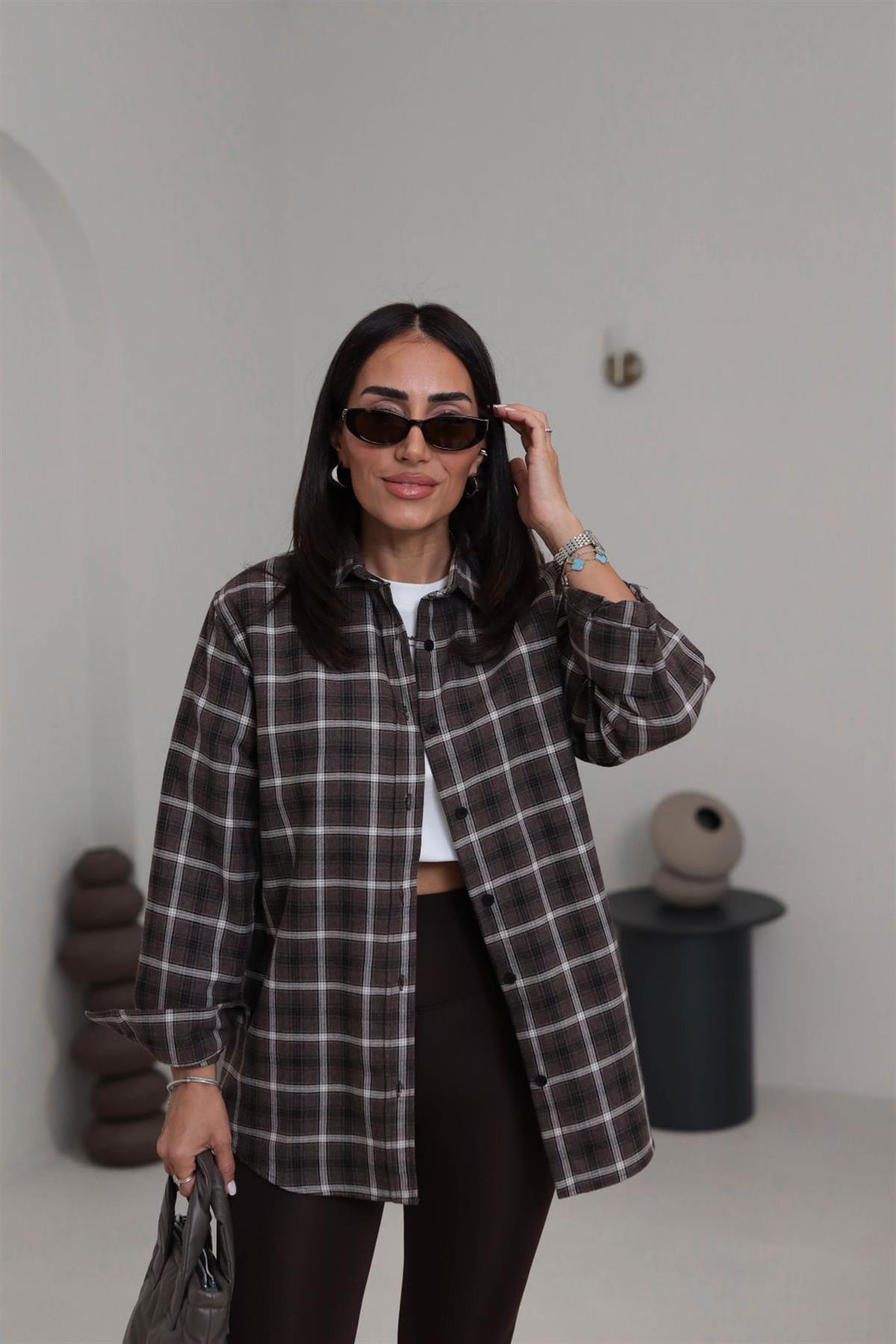 6835 Oversize Kareli Oduncu Gömlek KAHVE