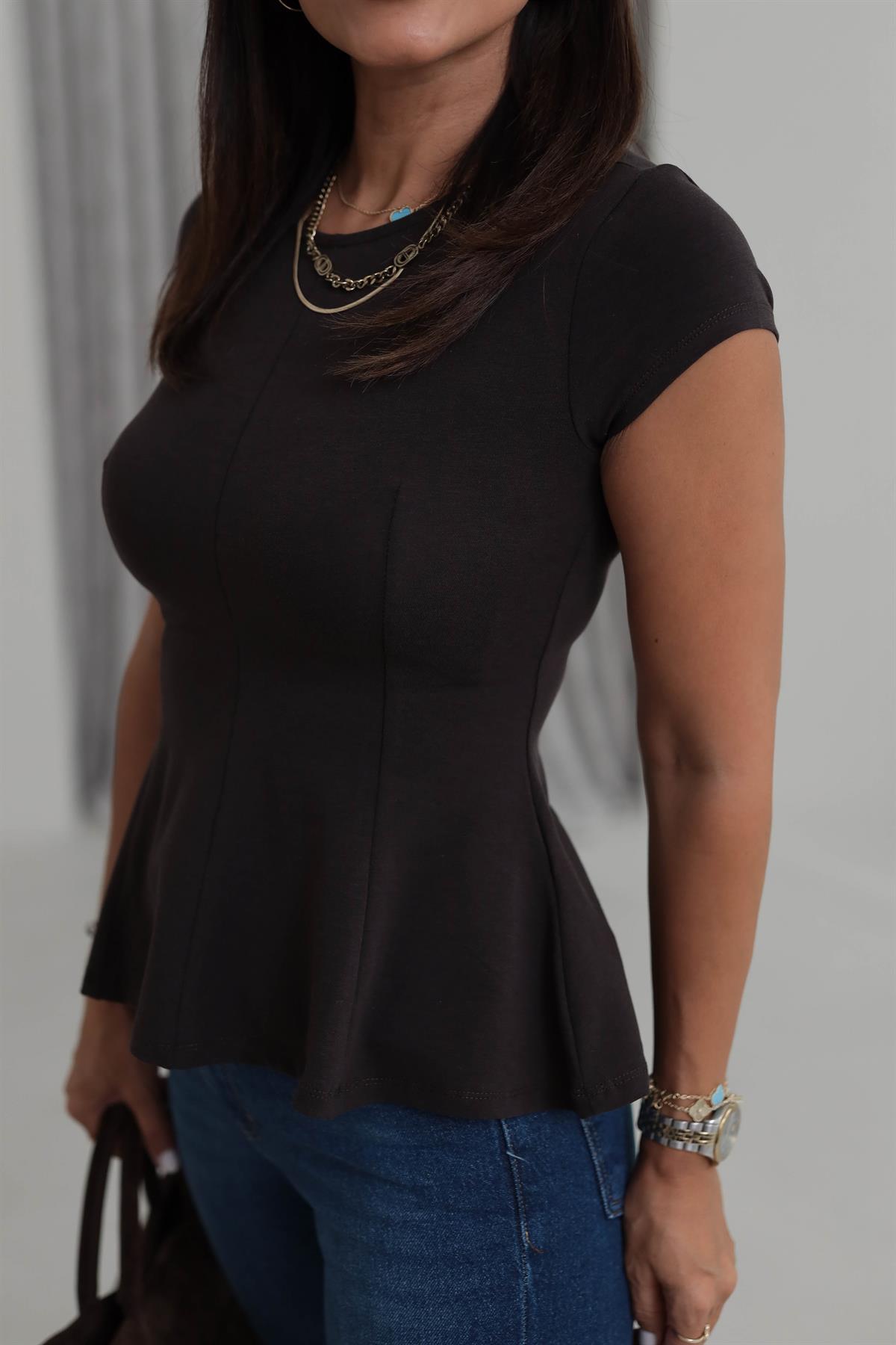 1992 Bisiklet Yaka Kısa Kol Peplum Tshirt ACI KAHVE