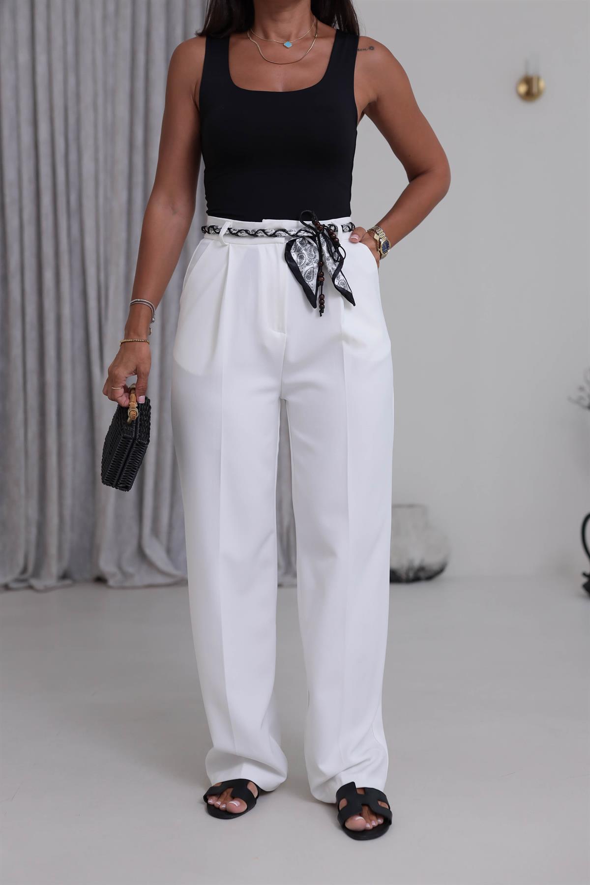 0522 Fularlı Kemerli Palazzo Pantolon EKRU