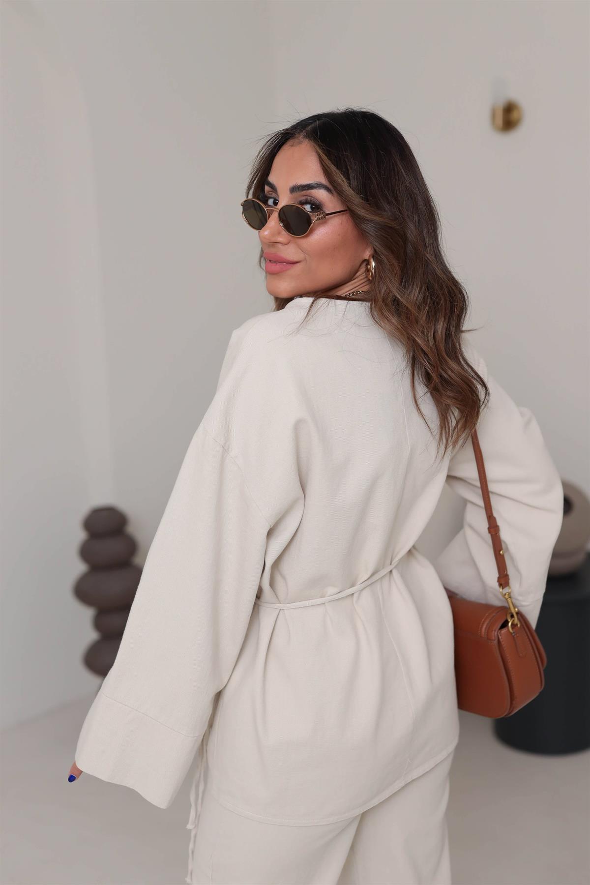 8629 Duble Kol Önden Bağlamalı Ceket & Pantolon Takım TAŞ