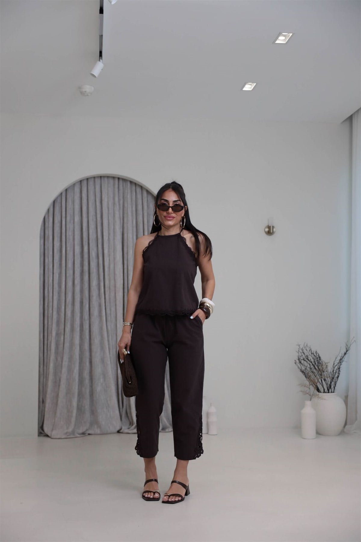 7412 Halter Yaka Dantel Garnili Keten Takım ACI KAHVE