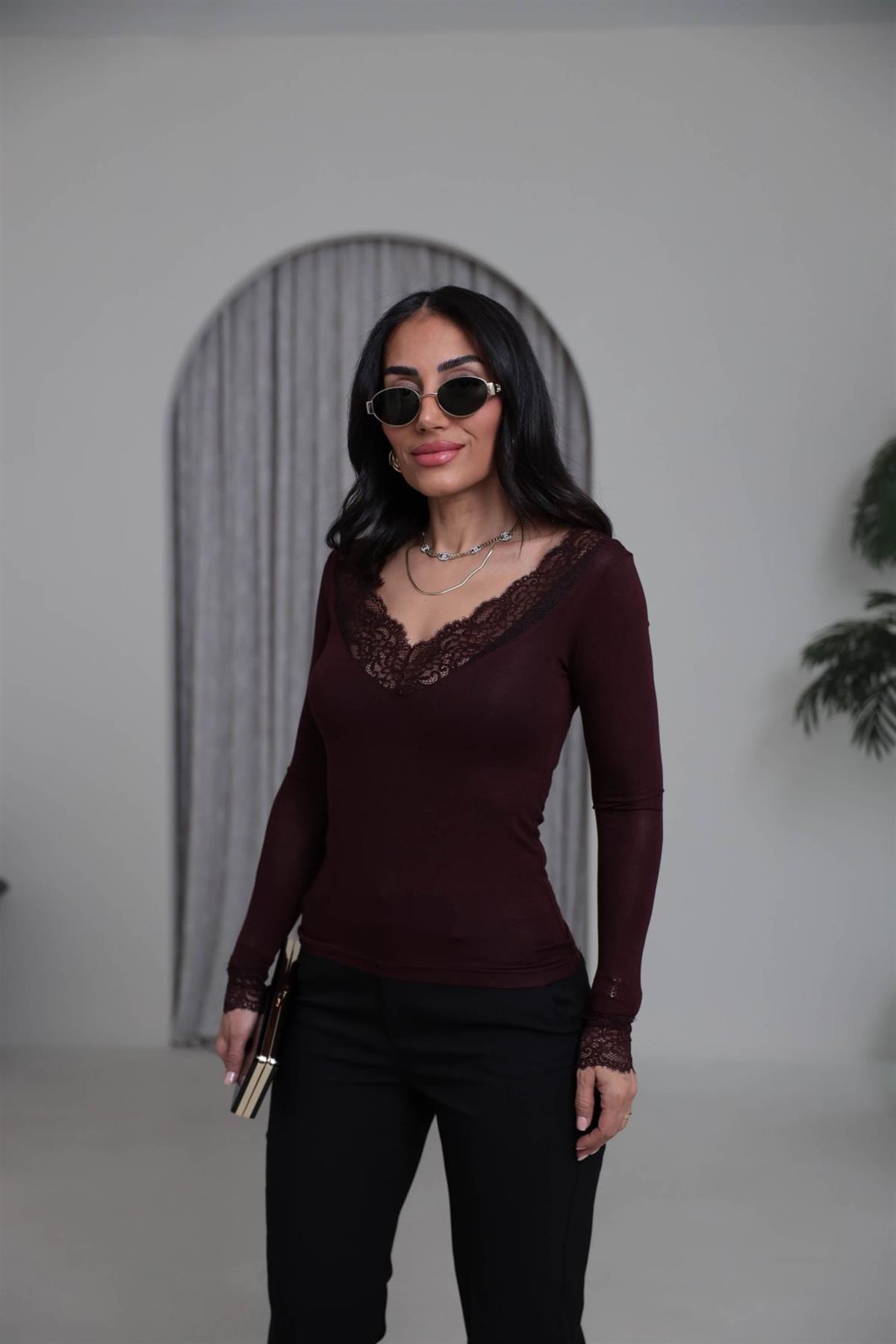 1041 V Yaka Dantel Detay İnti Body BORDO