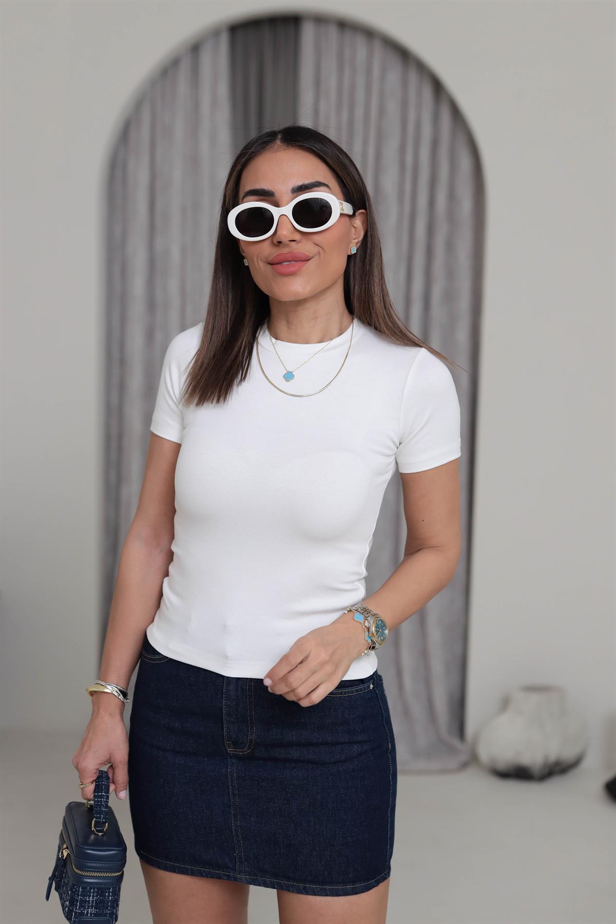 Yumuşak Dokulu Bisiklet Yaka Tshirt EKRU