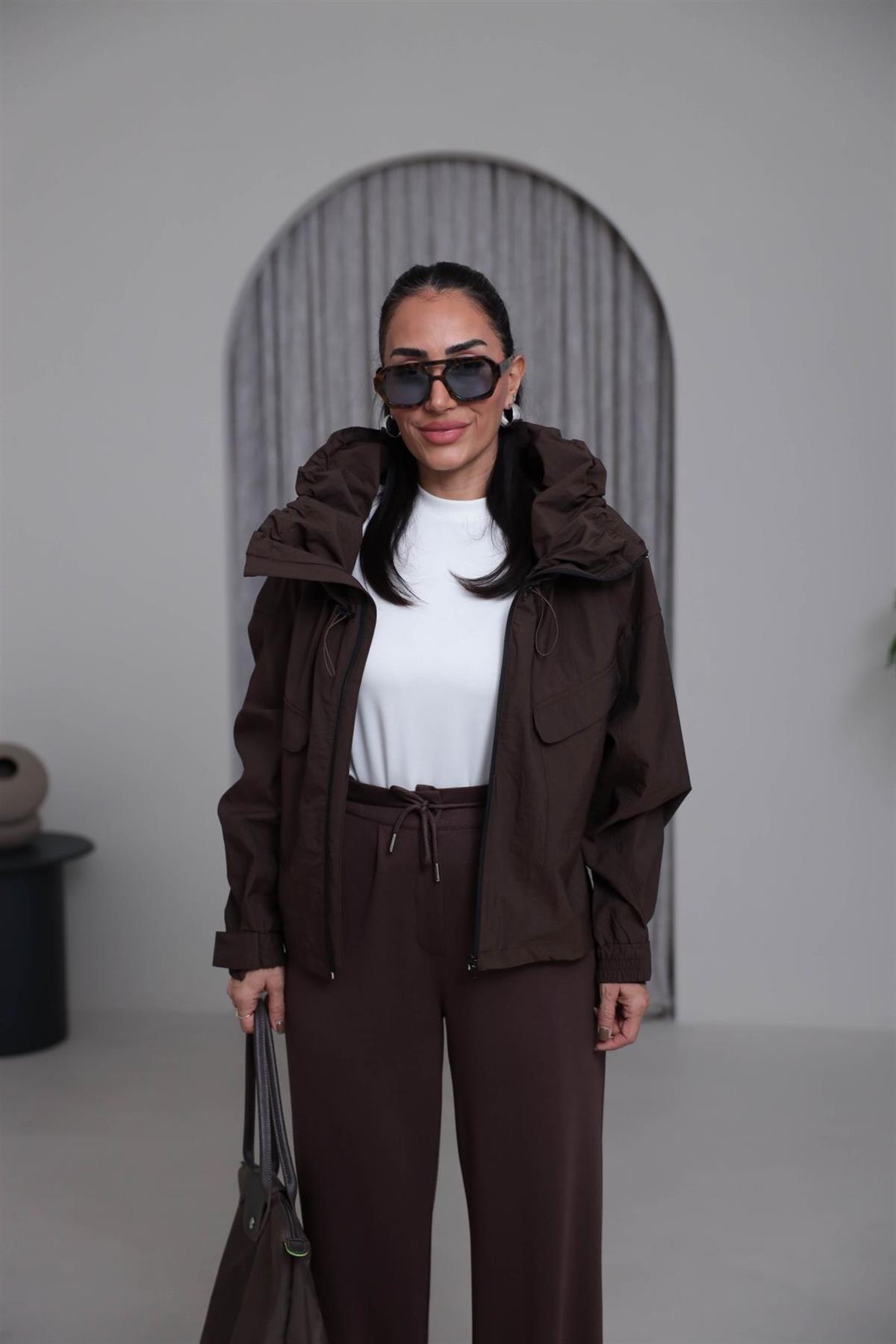 7077 Yaka Büzgülü Önden Fermuarlı Bomber ACI KAHVE