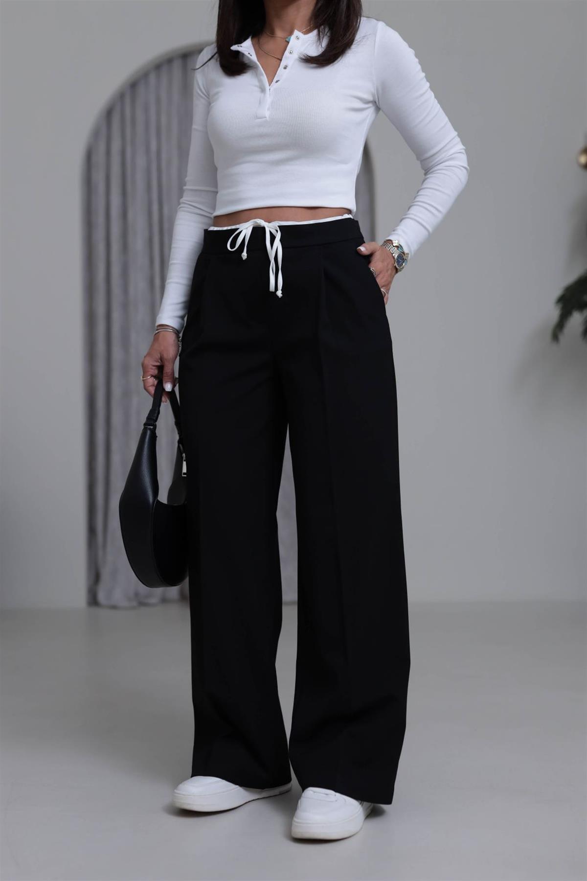 5179 Bel Detaylı Bağcıklı Kumaş Pantolon SİYAH