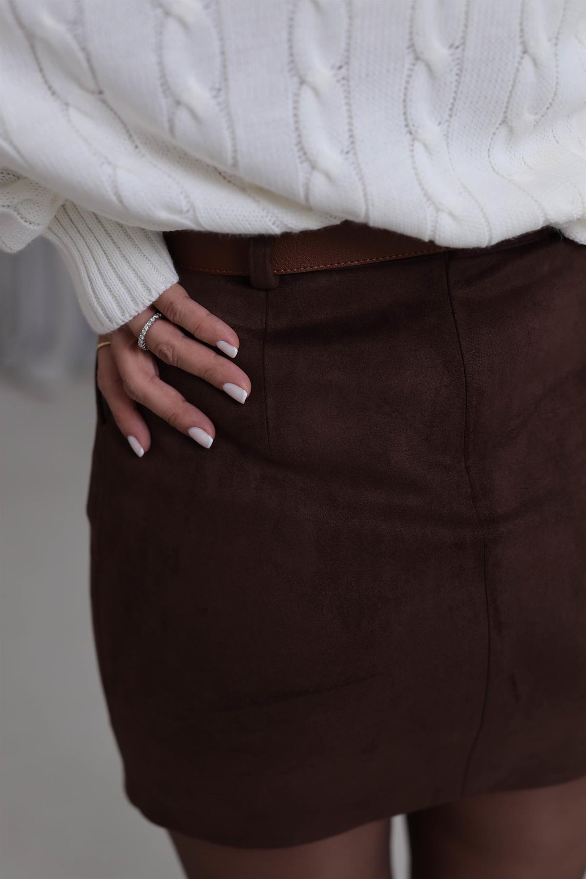 0093 Kemerli Mini Süet Etek ACI KAHVE
