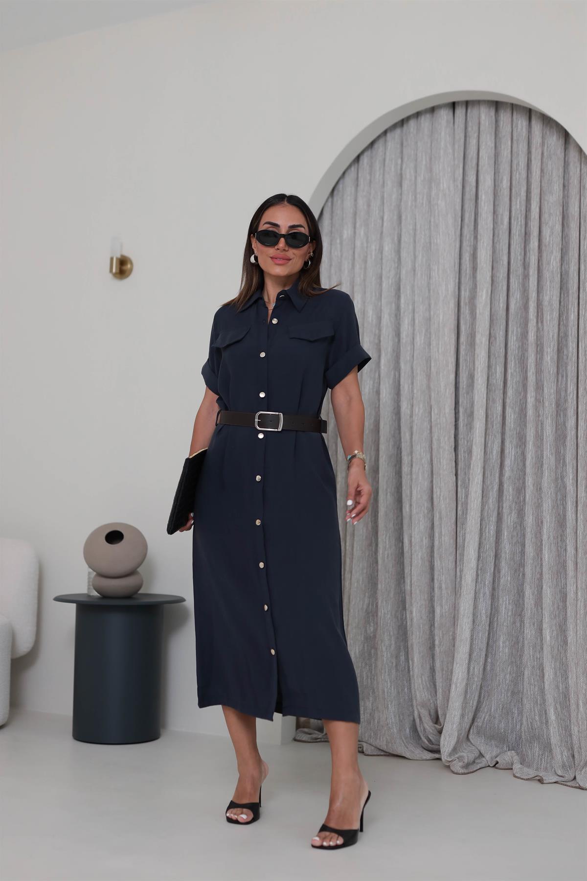 0334 Gold Düğmeli Kemerli Tencel Gömlek Elbise FÜME