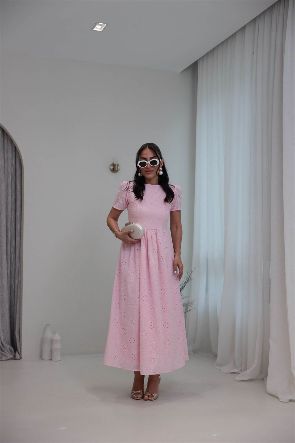 7139 Fisto Kumaş Astarlı Uzun Elbise PEMBE
