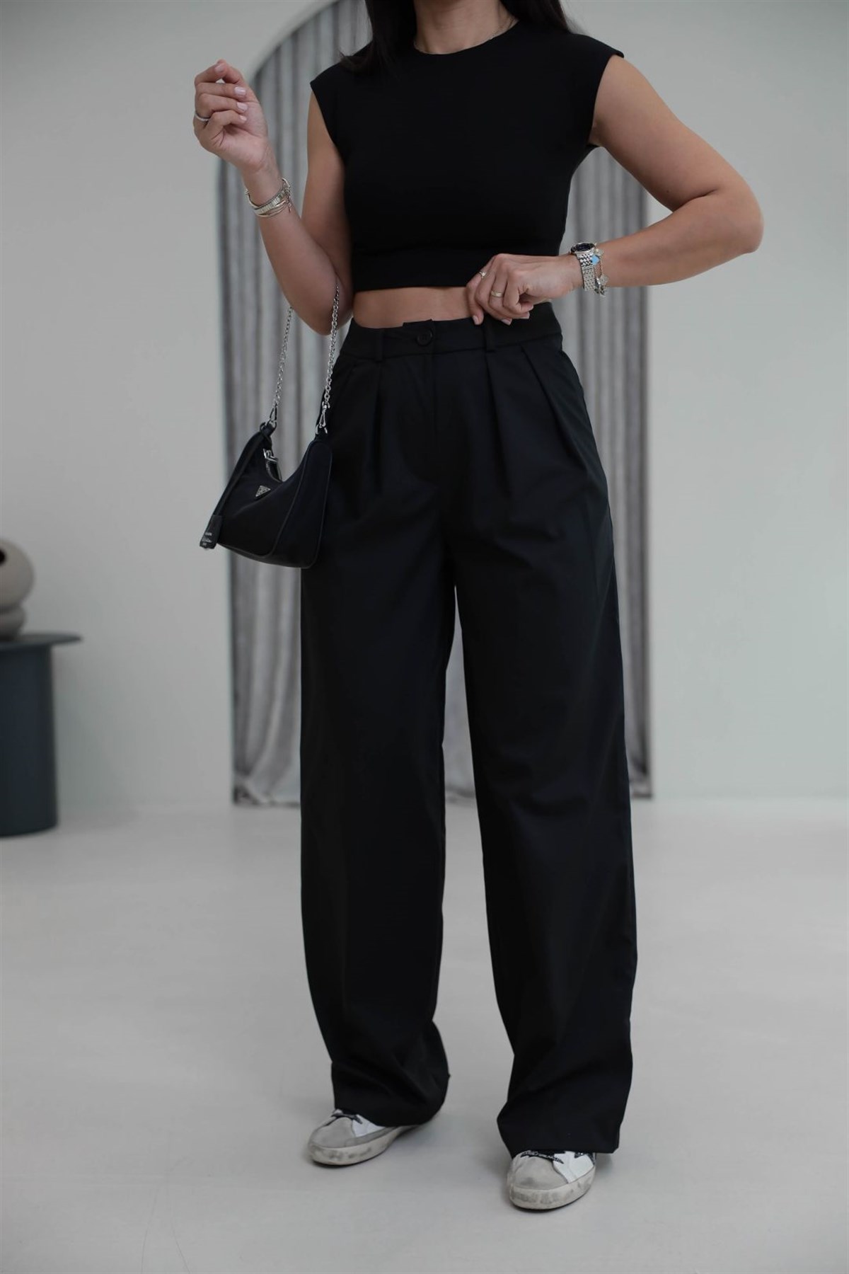 2079 Çift Pileli Bol Paça Pantolon SİYAH