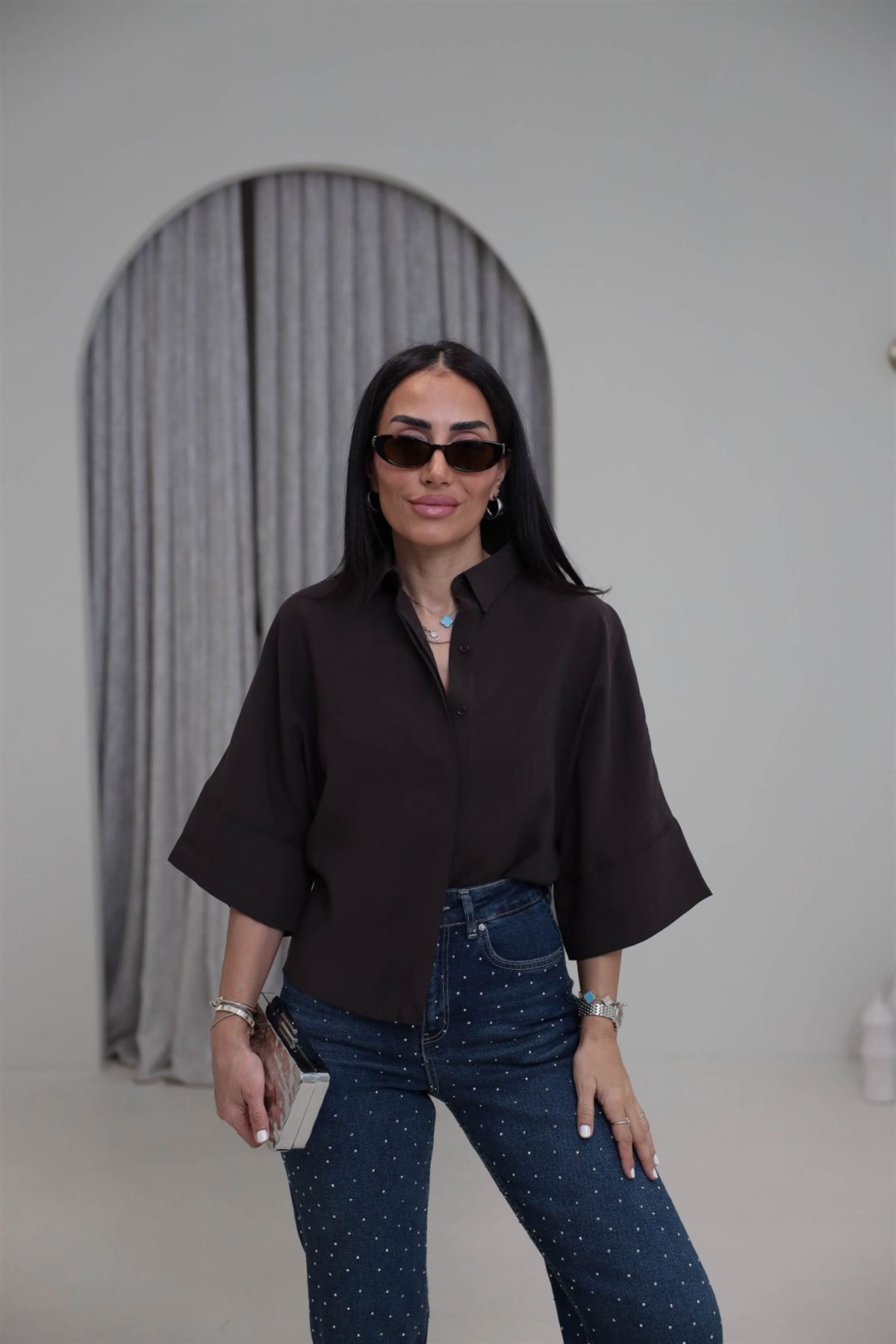 8406 Kısa Kol Tencel Gömlek KAHVE