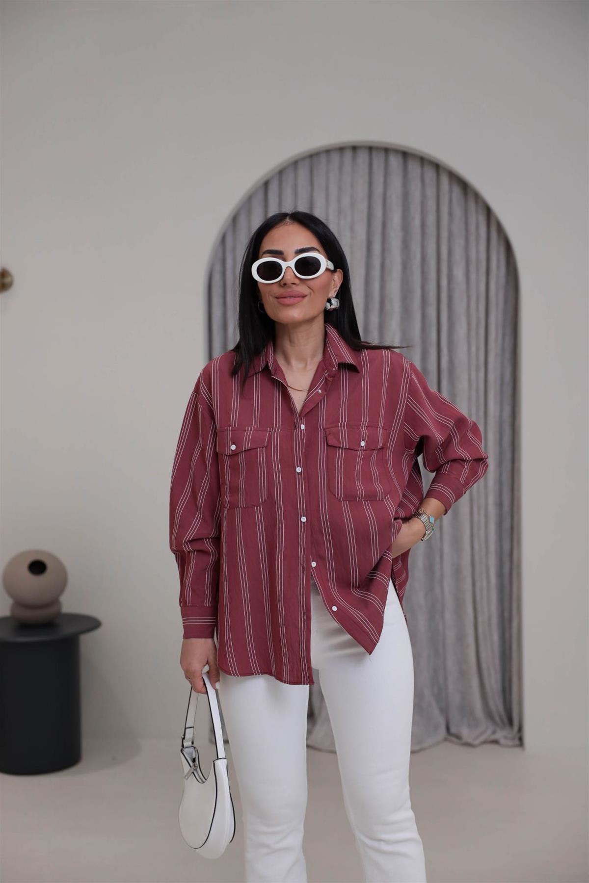 4003 Cepli Çizgili Viskon Gömlek BORDO