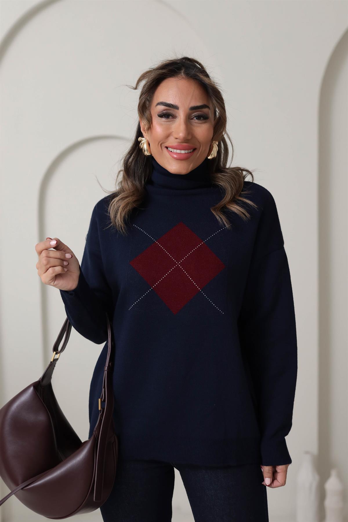 0060 Balıkçı Yaka Kare Desen Kazak LACİVERT