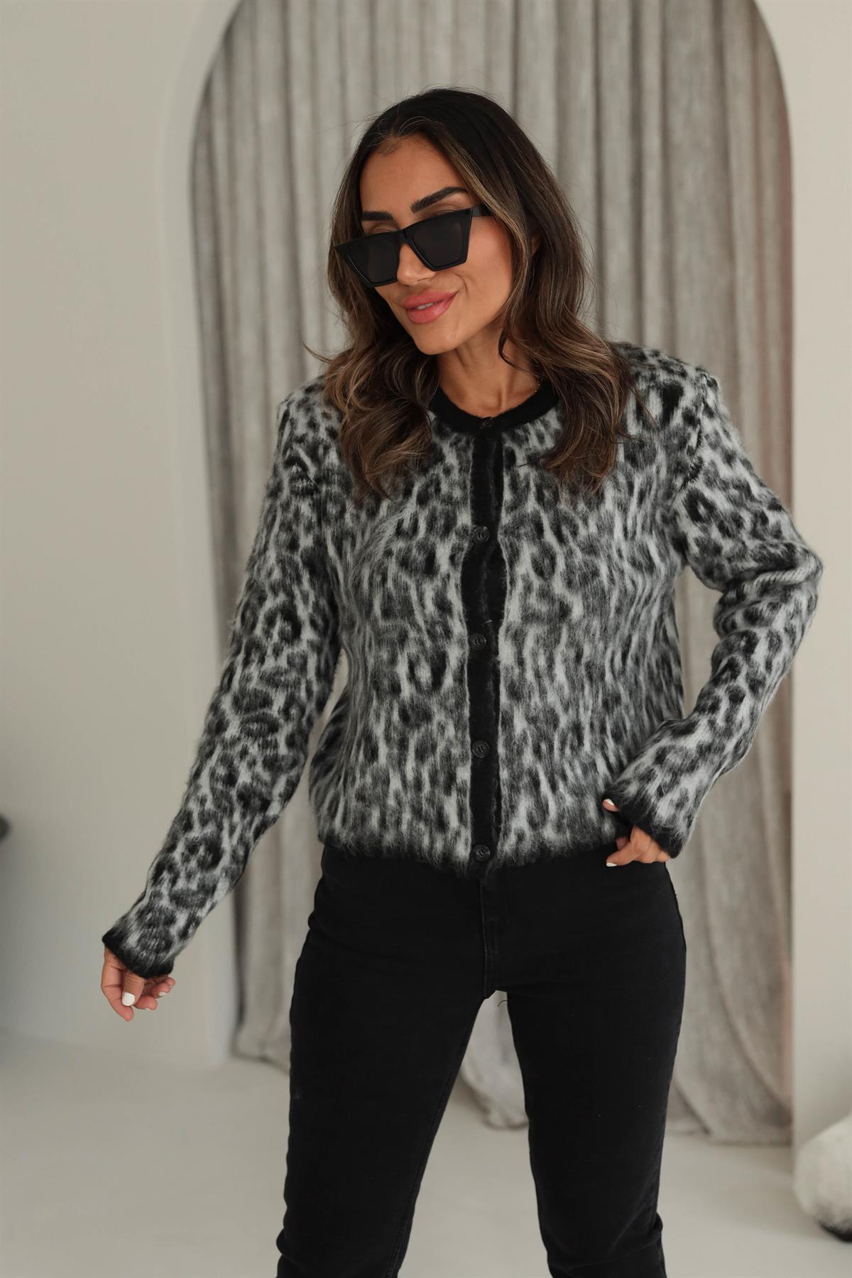 0108 Leopar Desen Şardonlu Massi Hırka Ceket GRİ