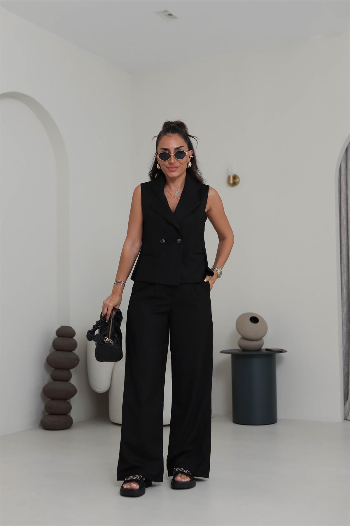 0429 Yelekli Palazzo Pantolonlu Takım SİYAH