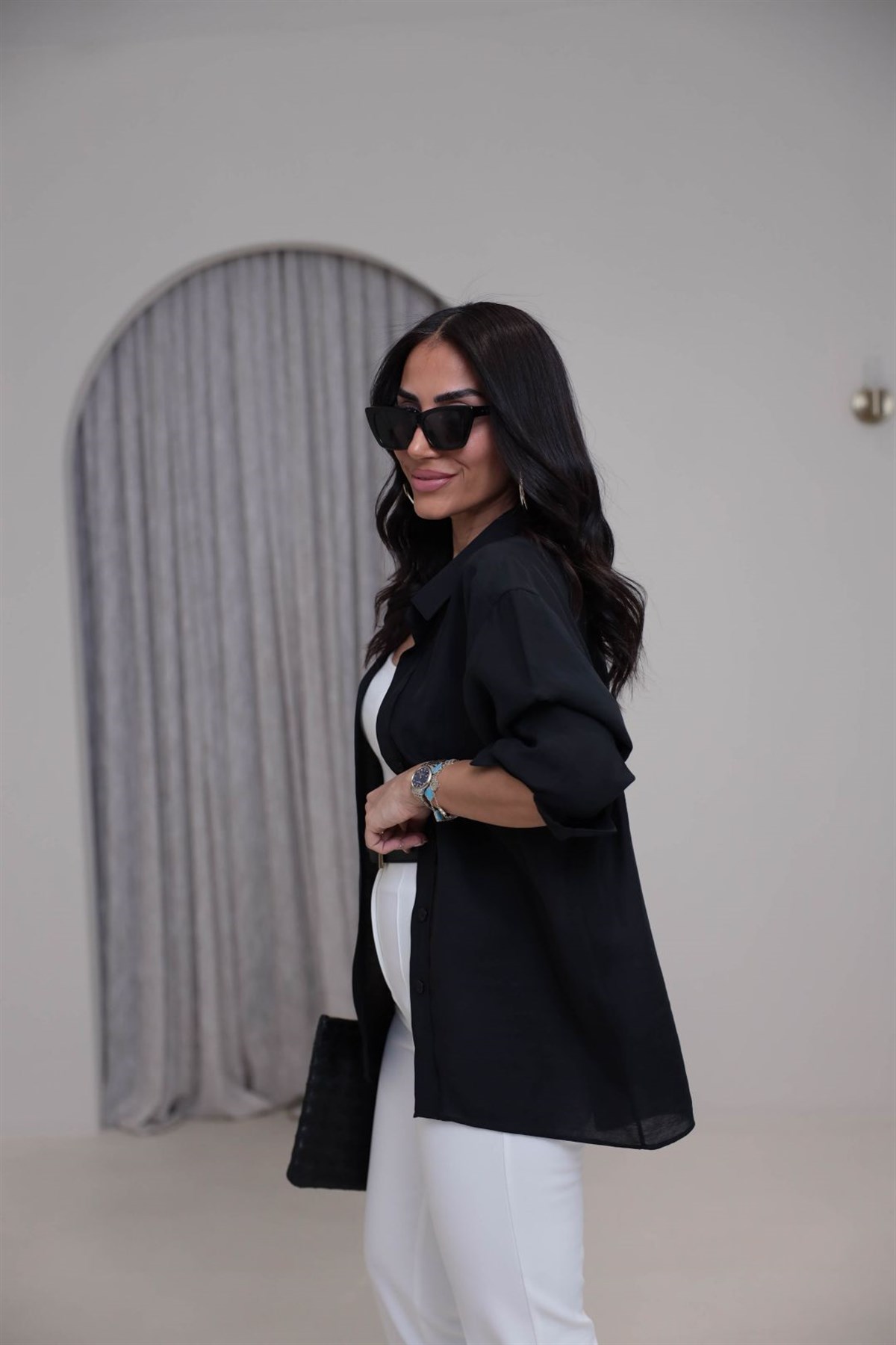 4612Y Tencel Omzu Düşük Oversize Gömlek SİYAH