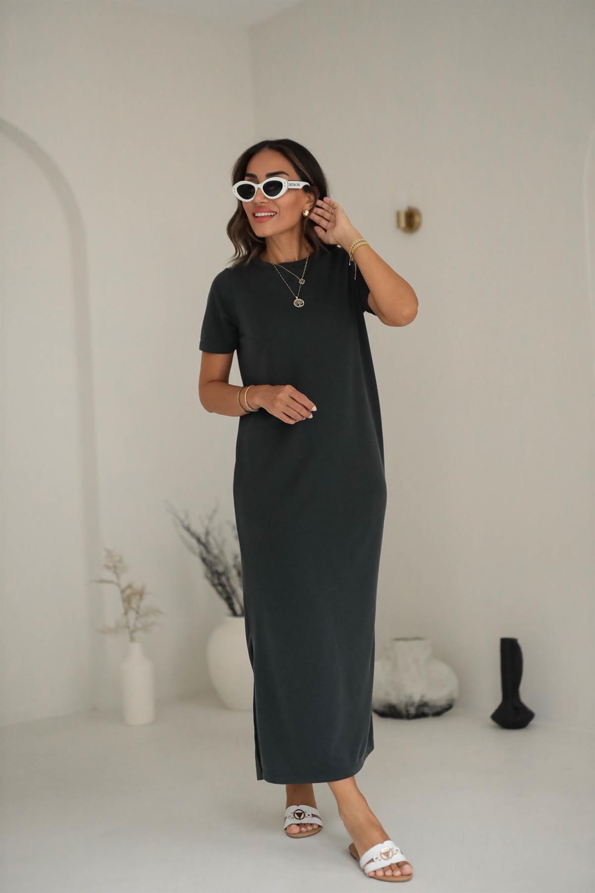 Pike Modal Yırtmaçlı Midi Elbise