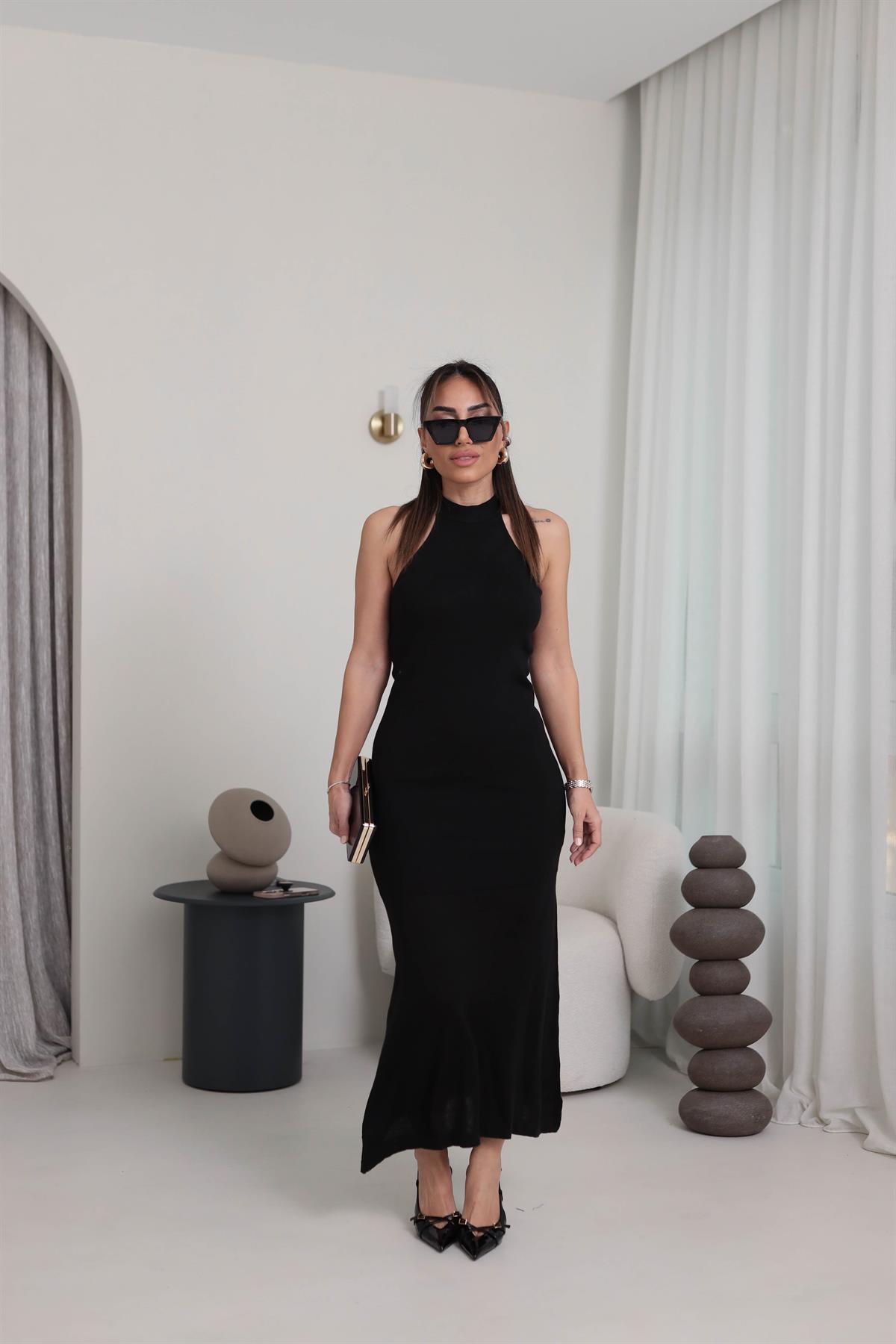 4224 Halter Yaka Triko Elbise SİYAH
