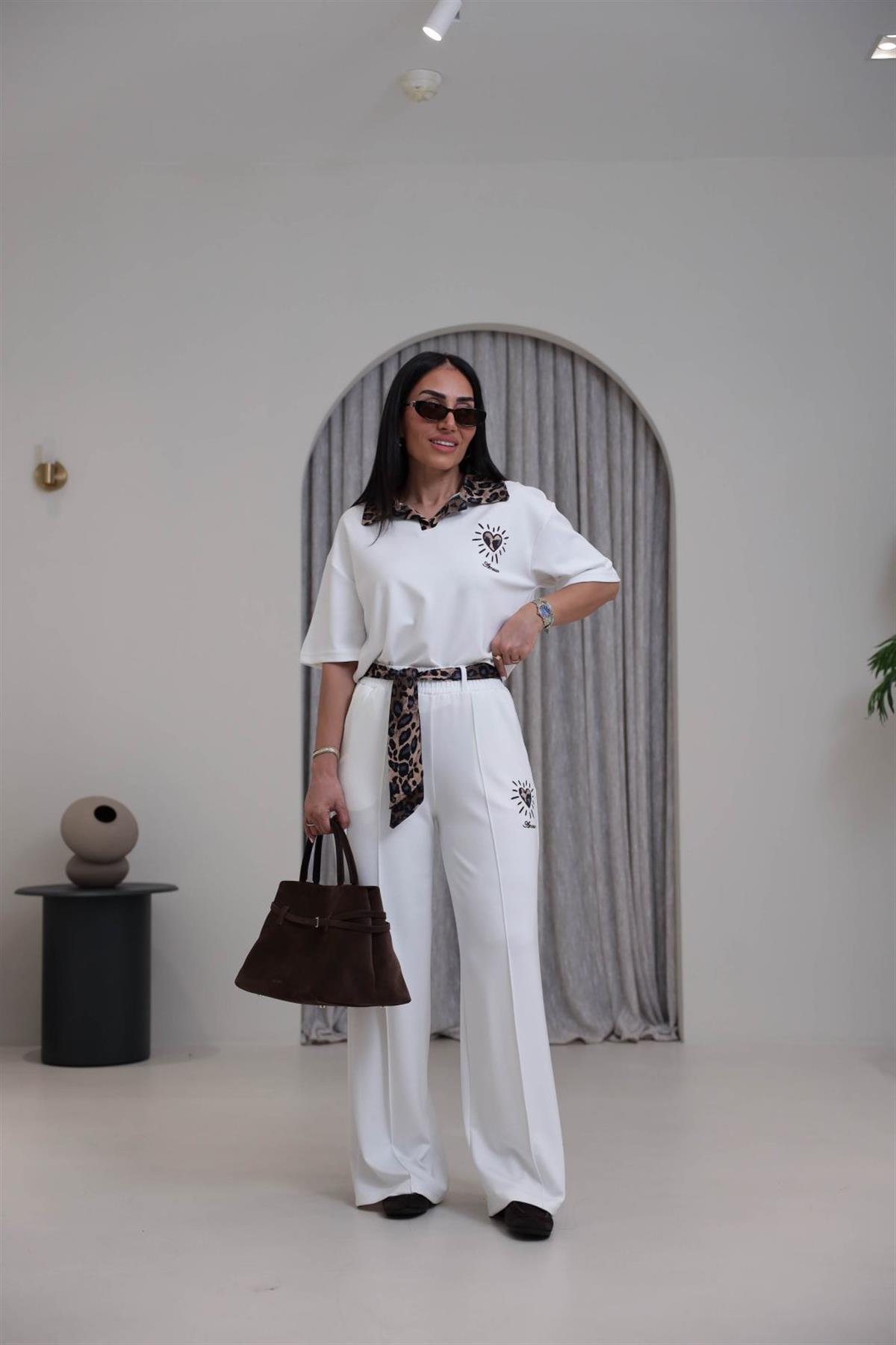 7539 Leopar Saten Yakalı Nakışlı Modal Takım EKRU