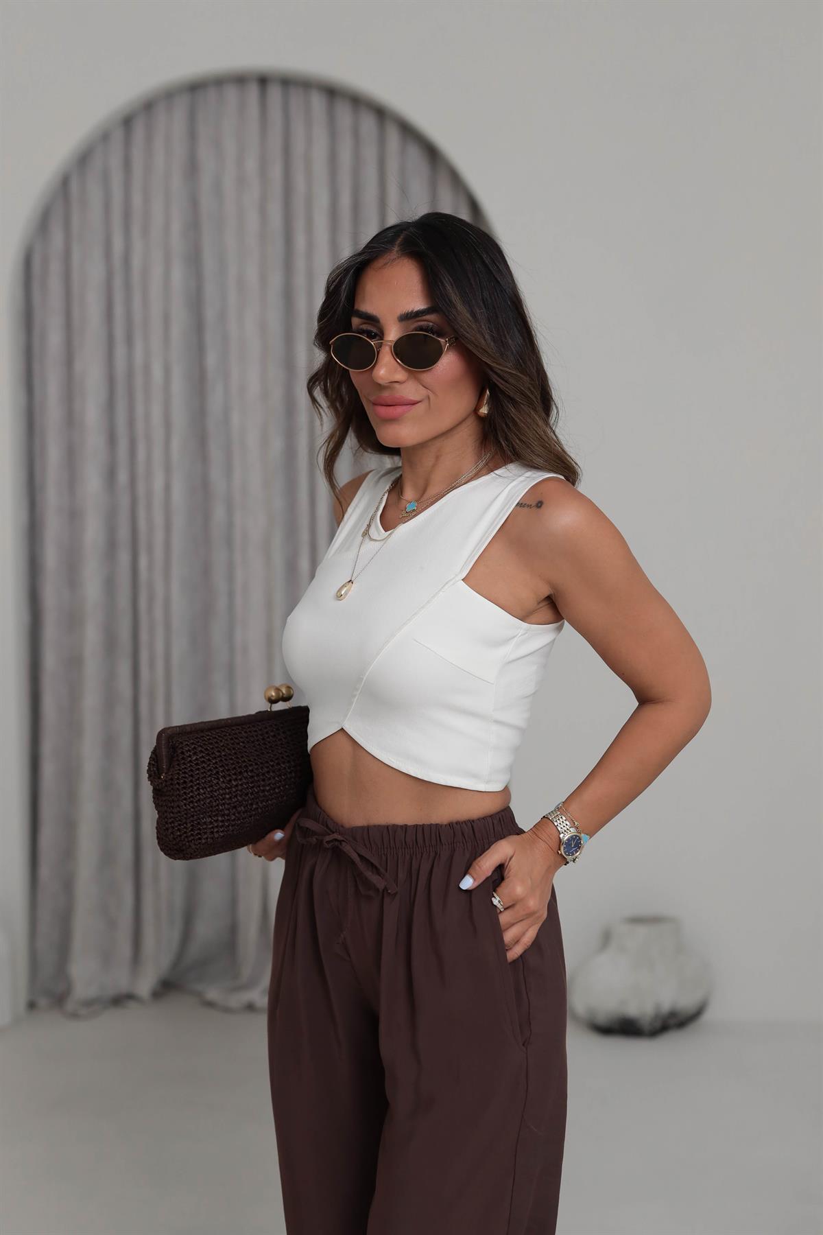 0112 Çapraz Yaka Fermuarlı Büstiyer EKRU