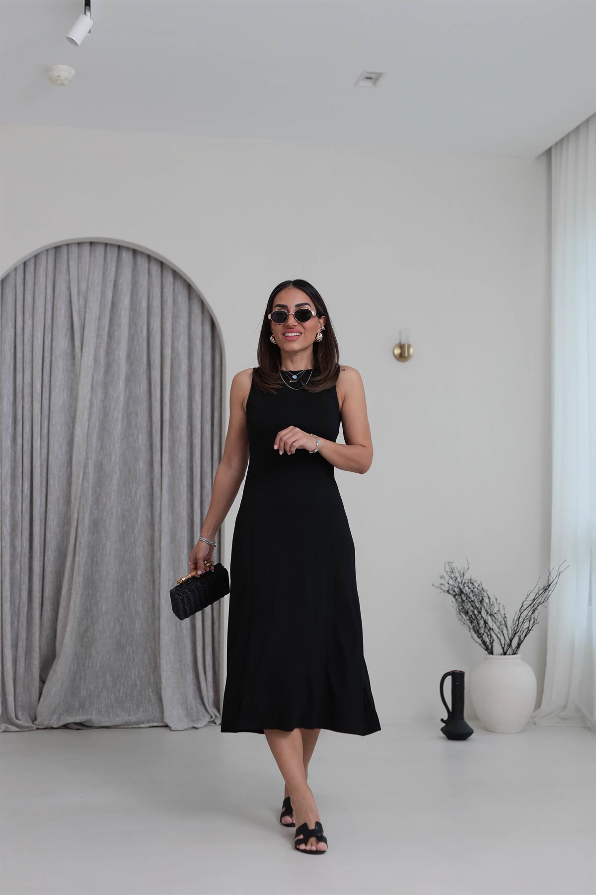1590 Parçalı Sıfır Kol Midi Elbise SİYAH