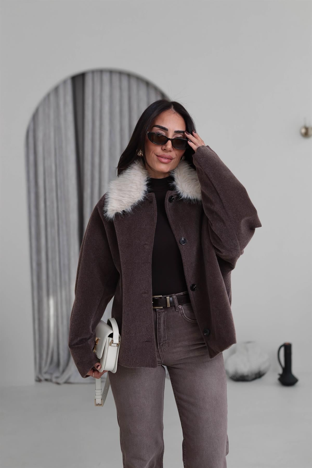 6829 Kürk Yakalı Alpaka Ceket KAHVE