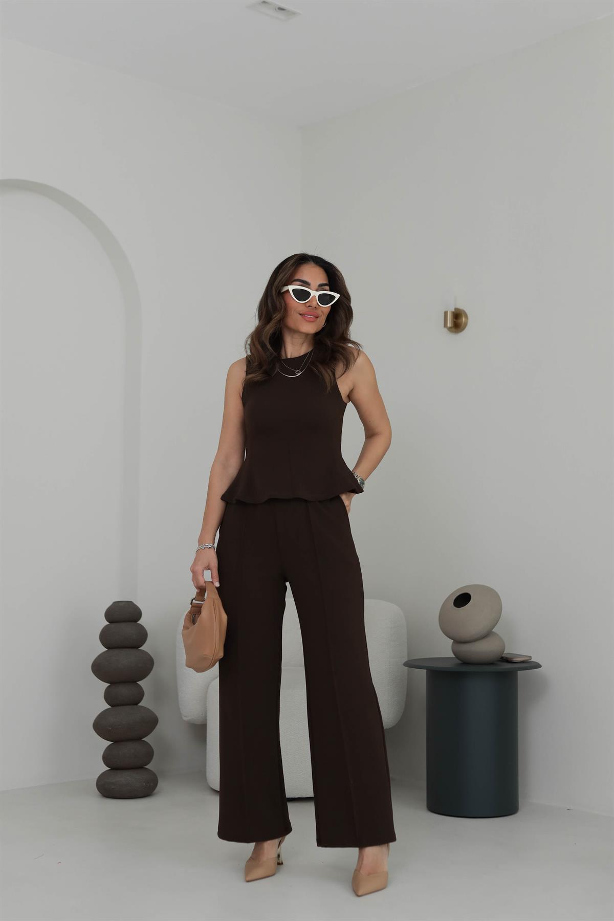 7169 Sıfır Kol Örme Bluz Pantolon Takım KAHVE