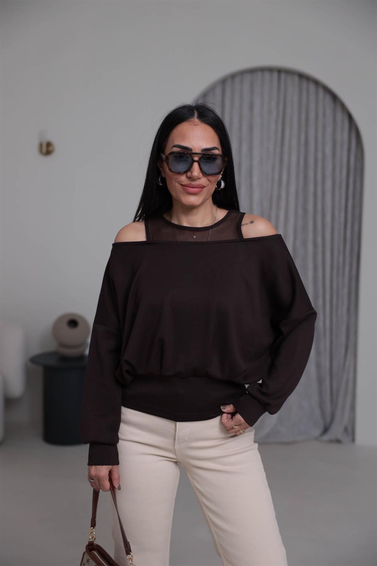 6710 Kol Dekolteli Tül Detaylı Bluz ACI KAHVE