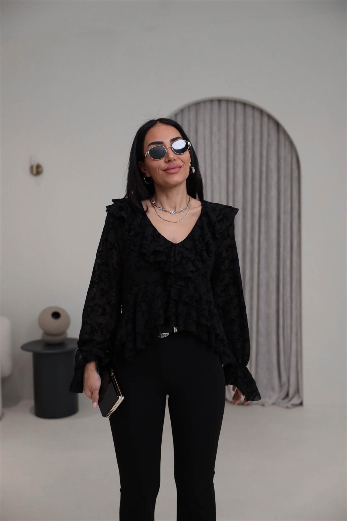 1110 Kadife Baskılı Fırfırlı Tül Bluz SİYAH