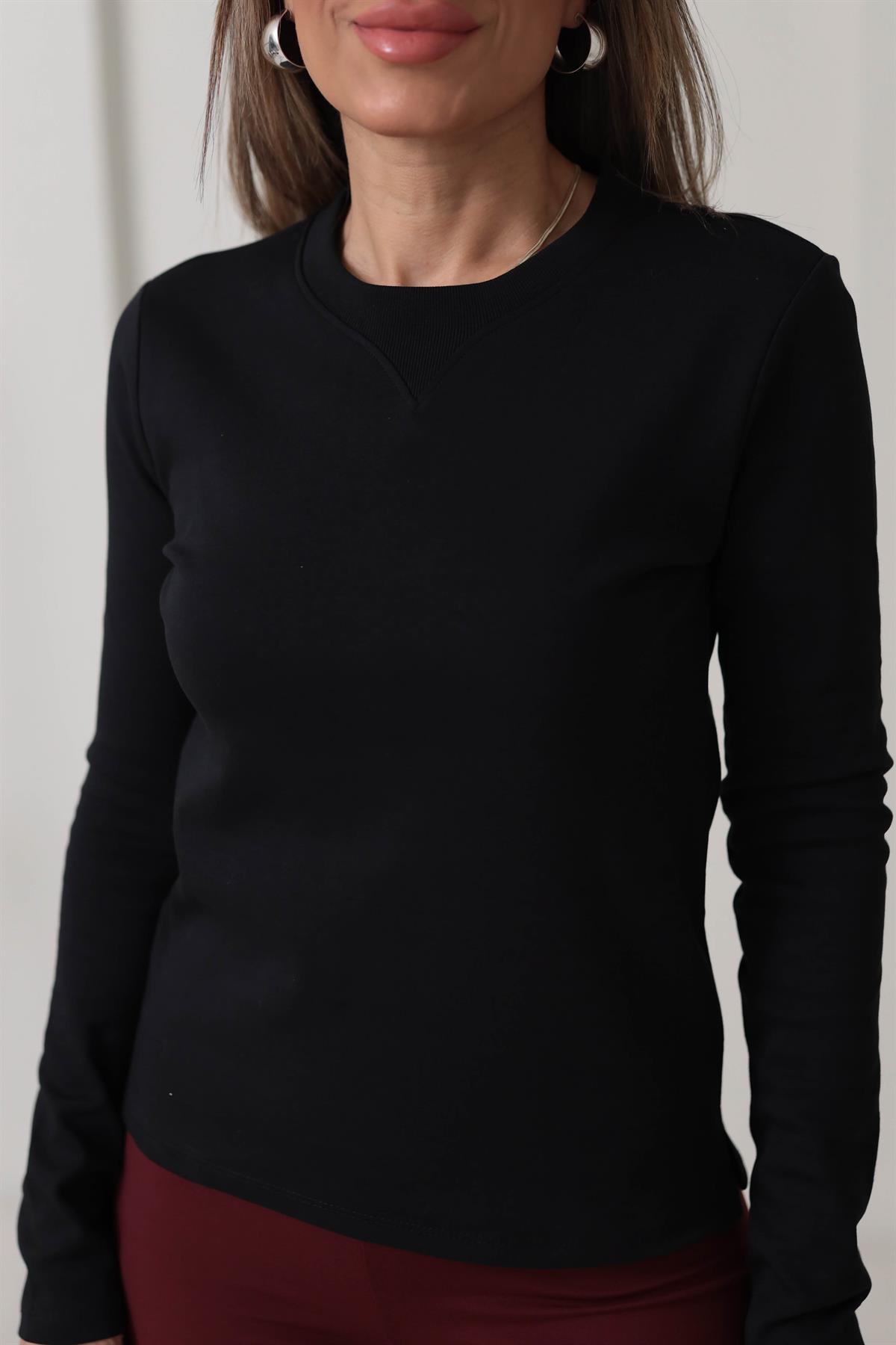 6364 Yaka Ribana Dikişli Uzun Kol Bluz SİYAH