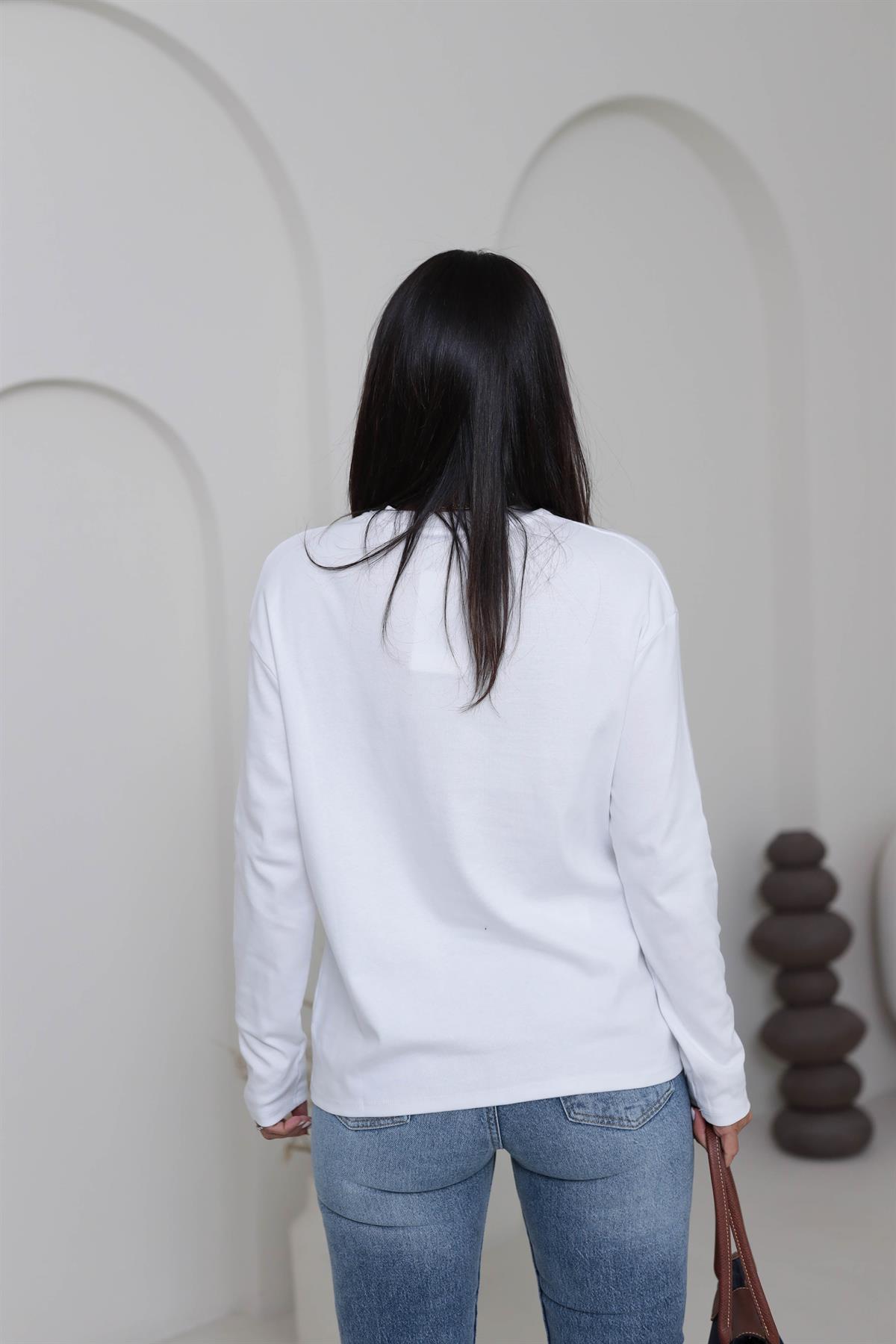 4141 Bisiklet Yaka Uzun Kol Penye Bluz BEYAZ