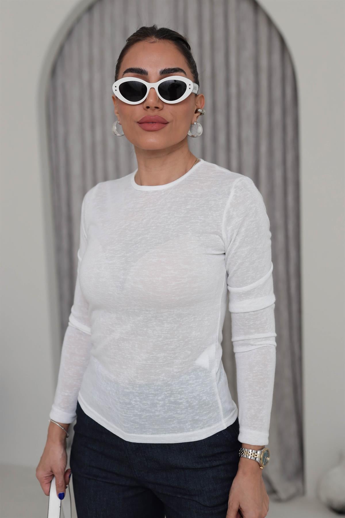 1091 Bisiklet Yaka Transparan Bluz EKRU